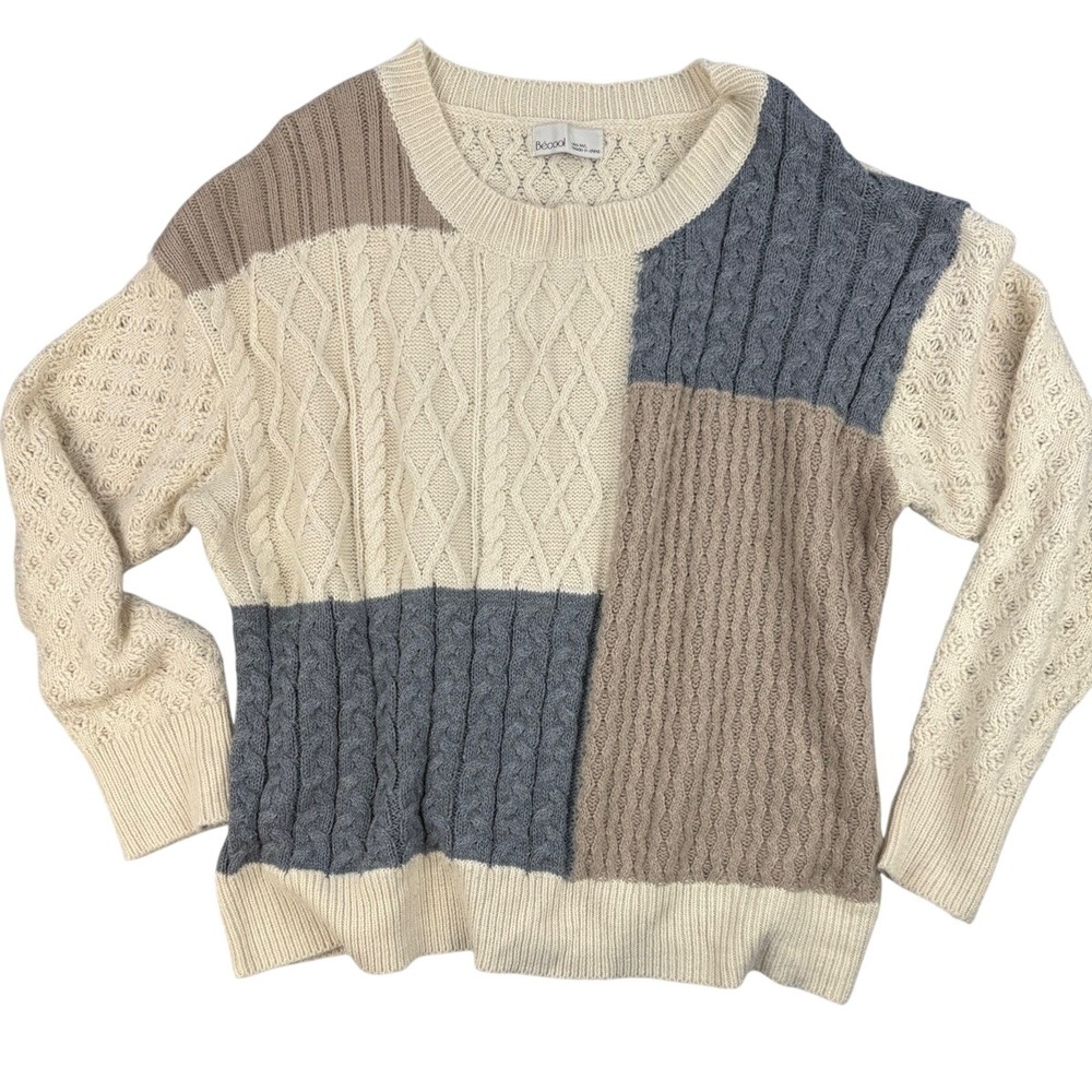 Cottagecore Patchwork Knit‎ Sweater Colorblock Cable Detail M/L